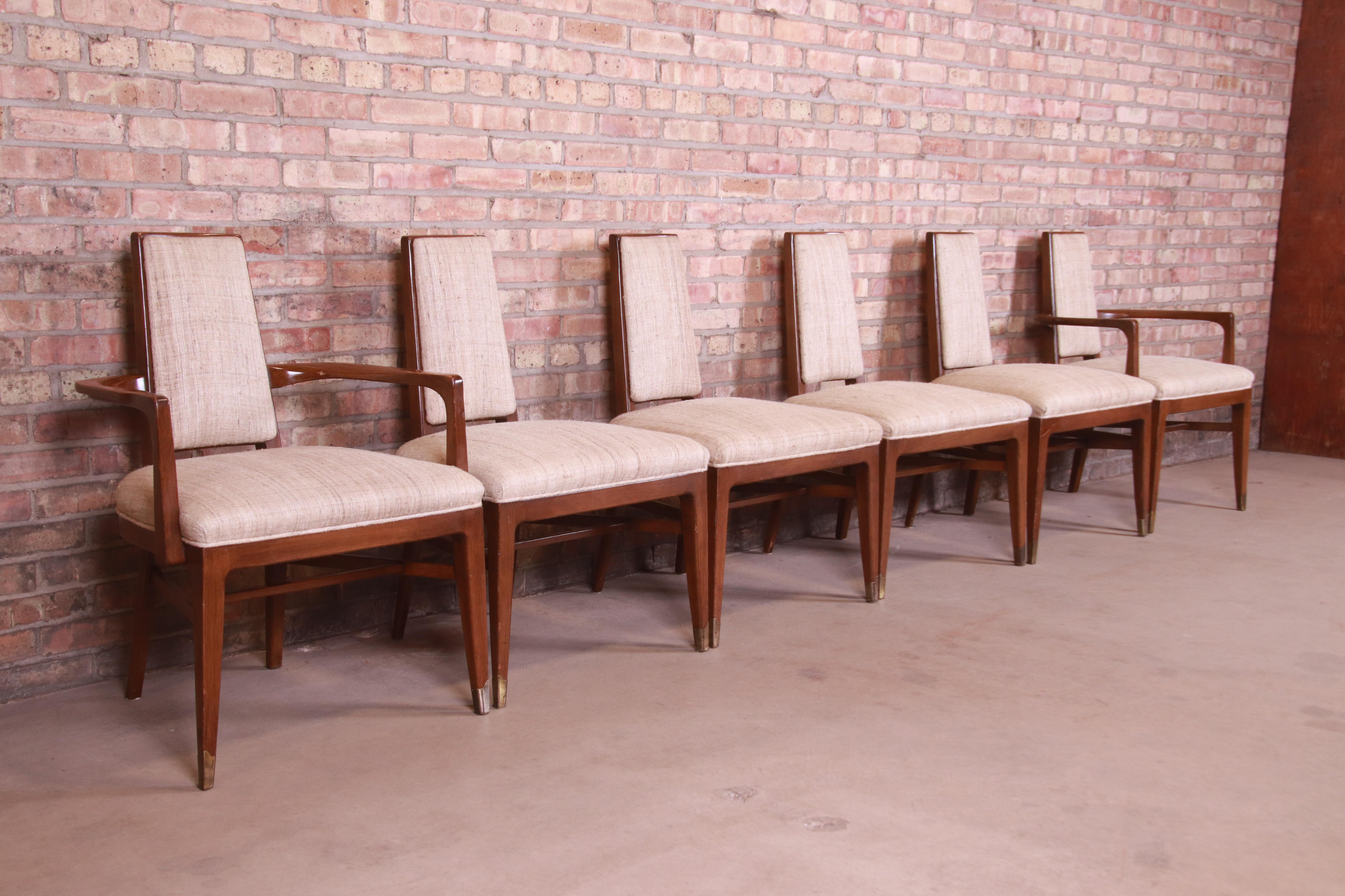 Brass Mid-Century Modern Sculpted Walnut Dining Chairs by White Furniture, Set of Six