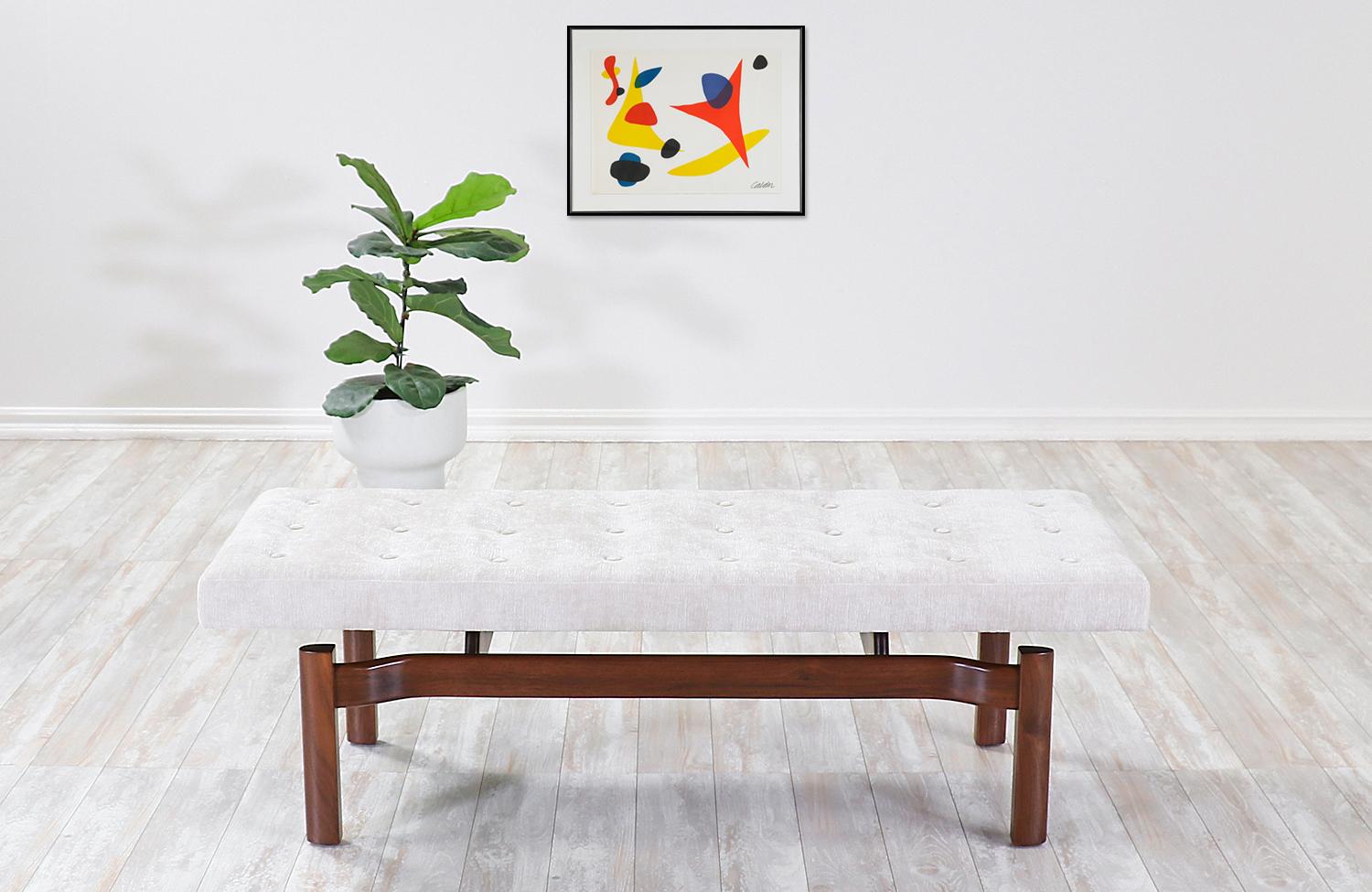 American Mid-Century Modern Sculpted Walnut Floating Tufted Bench