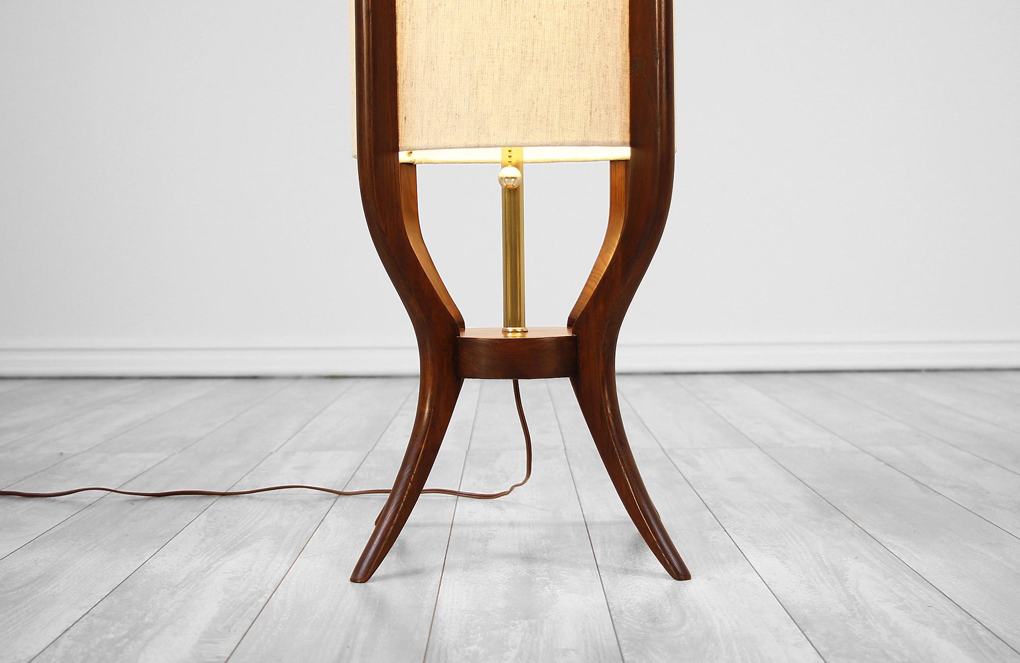 Brass Mid-Century Modern Sculpted Walnut Floor Lamp
