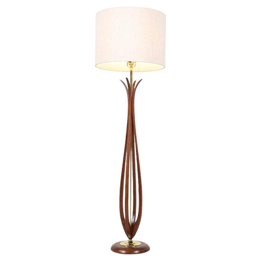 Mid-Century Modern Sculpted Walnut Floor Lamp with Brass Accents