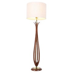 Mid-Century Modern Sculpted Walnut Floor Lamp with Brass Accents