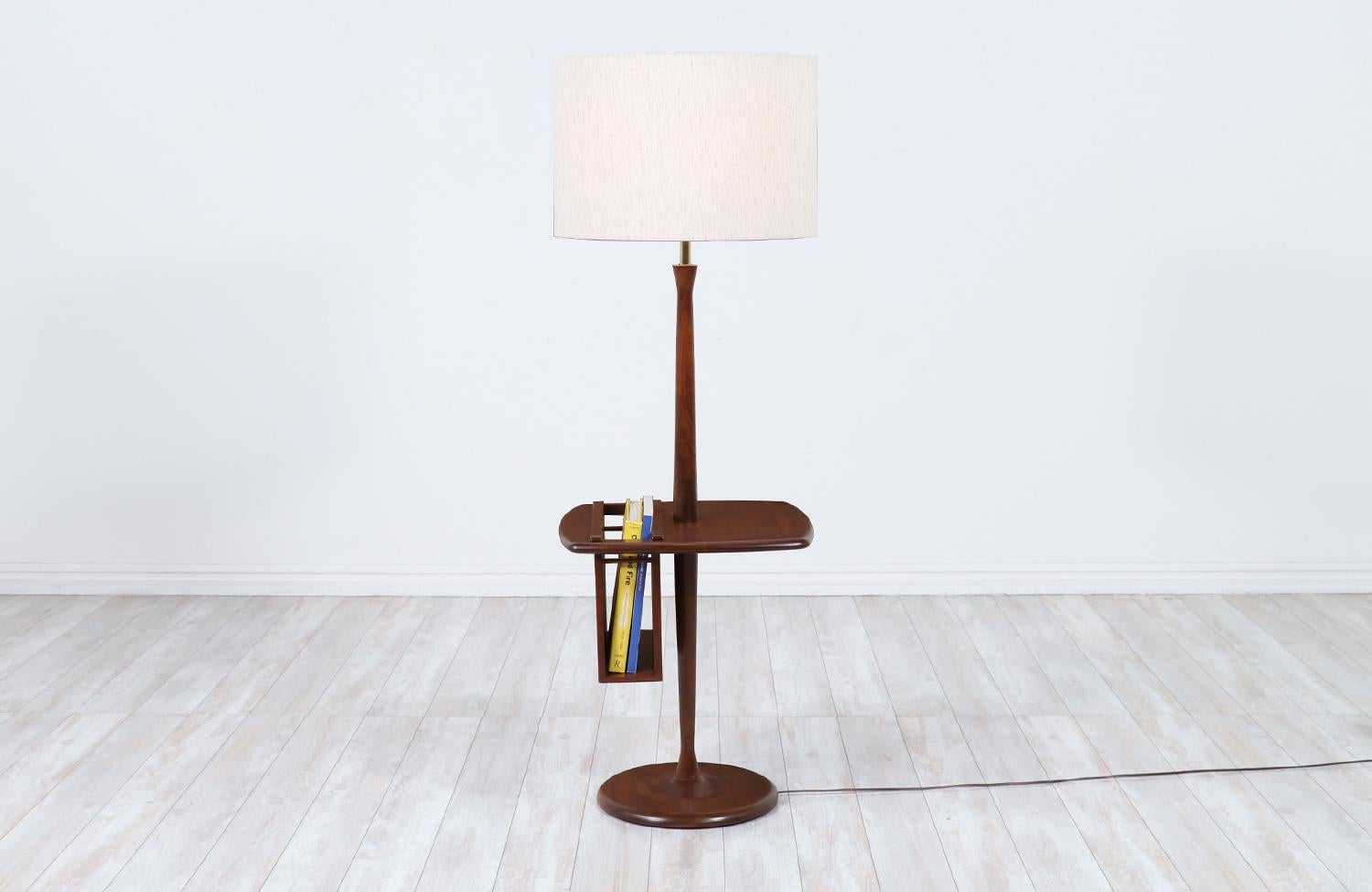 American Mid-Century Modern Sculpted Walnut Floor Lamp with Magazine Tray by Laurel