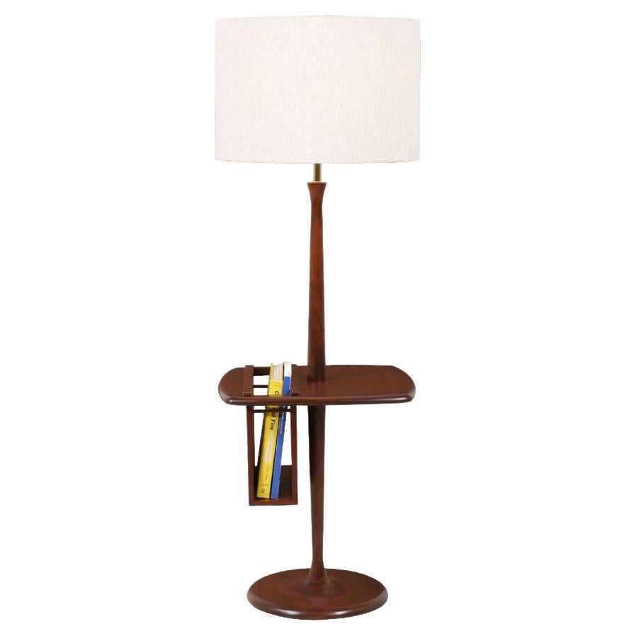 Mid-Century Modern Sculpted Walnut Floor Lamp with Magazine Tray by Laurel