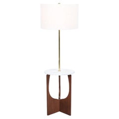 Mid-Century Modern Sculpted Walnut Floor Lamp with Marble Side Table