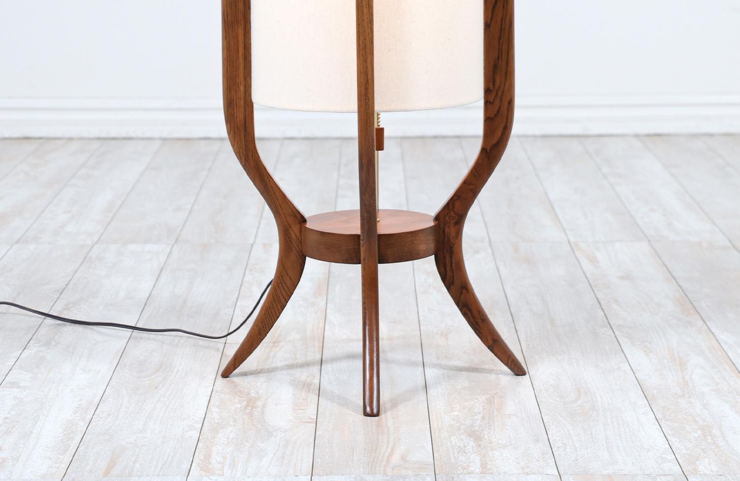 Mid-Century Modern Sculpted Walnut Floor Lamp with New Linen Shade 2