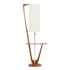 Mid-Century Modern Sculpted Walnut Floor Lamp with Side Table
