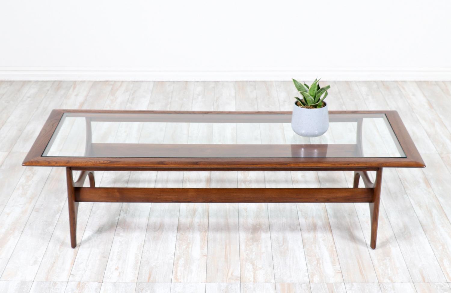 American Mid-Century Modern Sculpted Walnut & Glass Coffee Table by Lane Furniture
