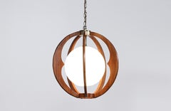 Mid-Century Modern Sculpted Walnut & Glass Sphere Pendant Chandelier