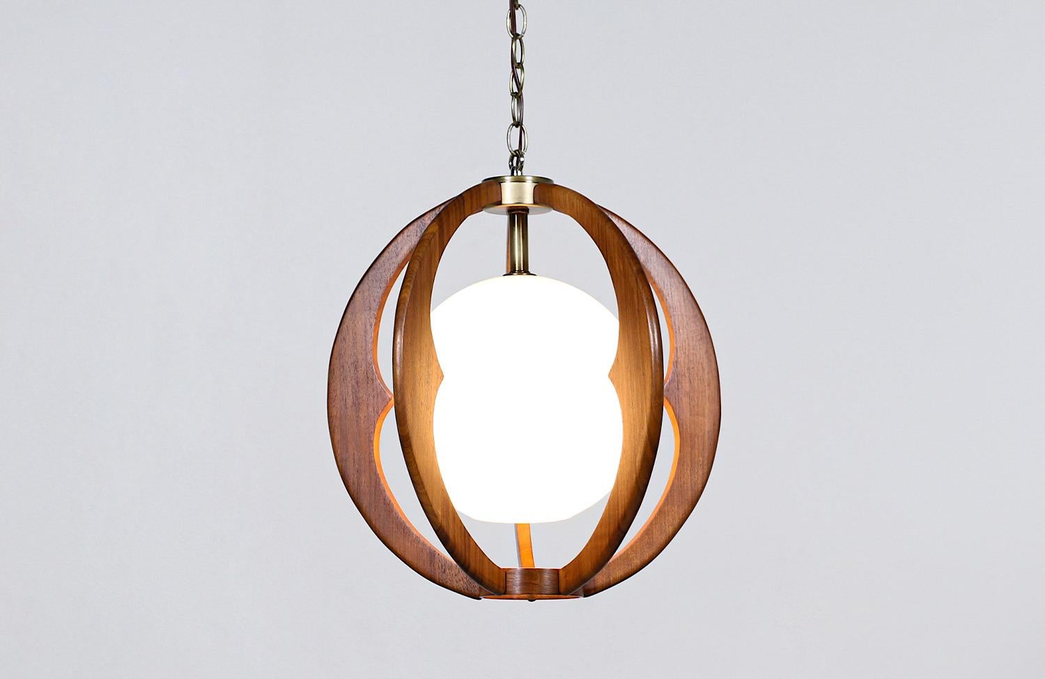 American Mid-Century Modern Sculpted Walnut & Glass Sphere Pendant Chandelier 