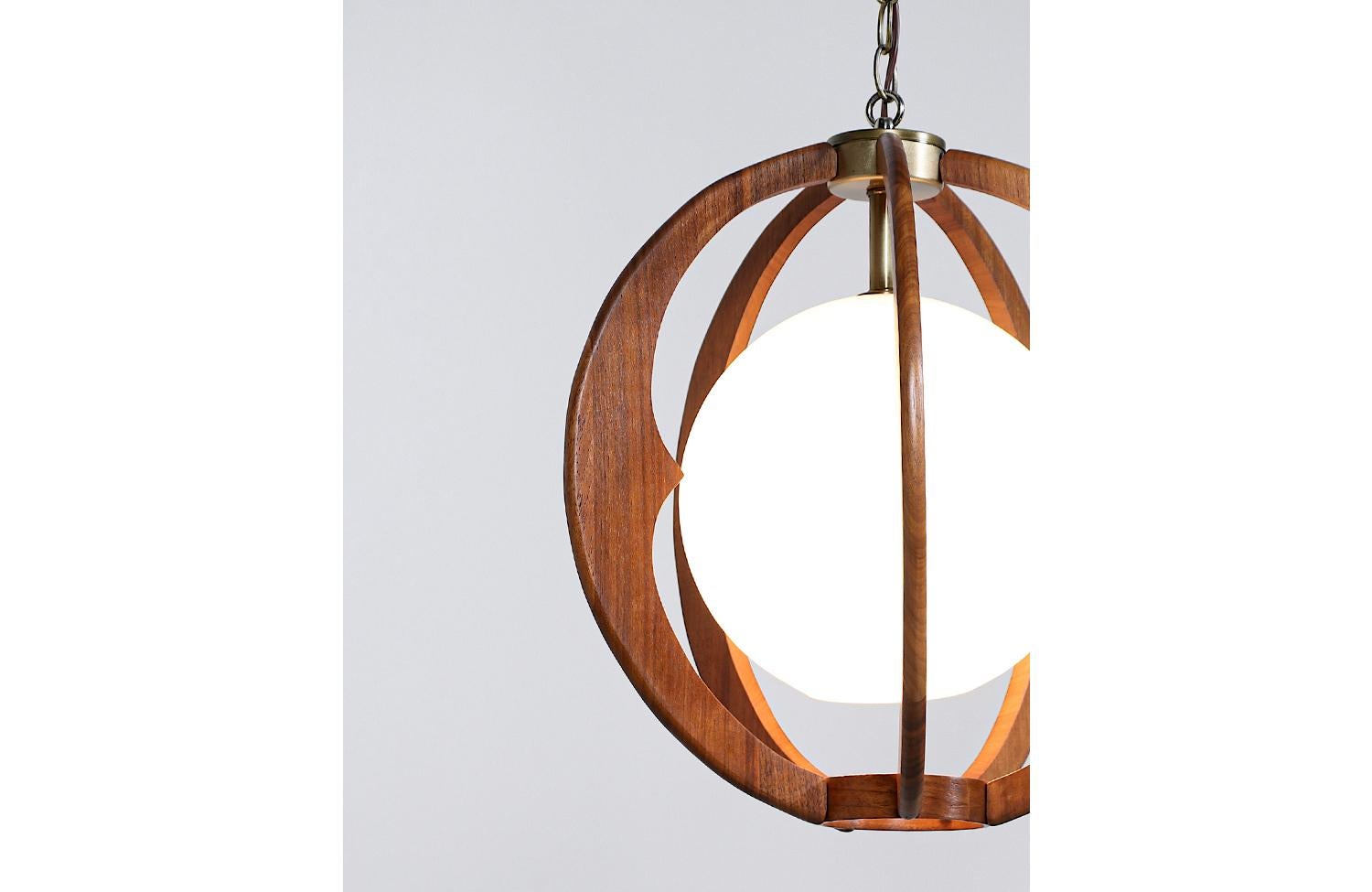 Mid-20th Century Mid-Century Modern Sculpted Walnut & Glass Sphere Pendant Chandelier 