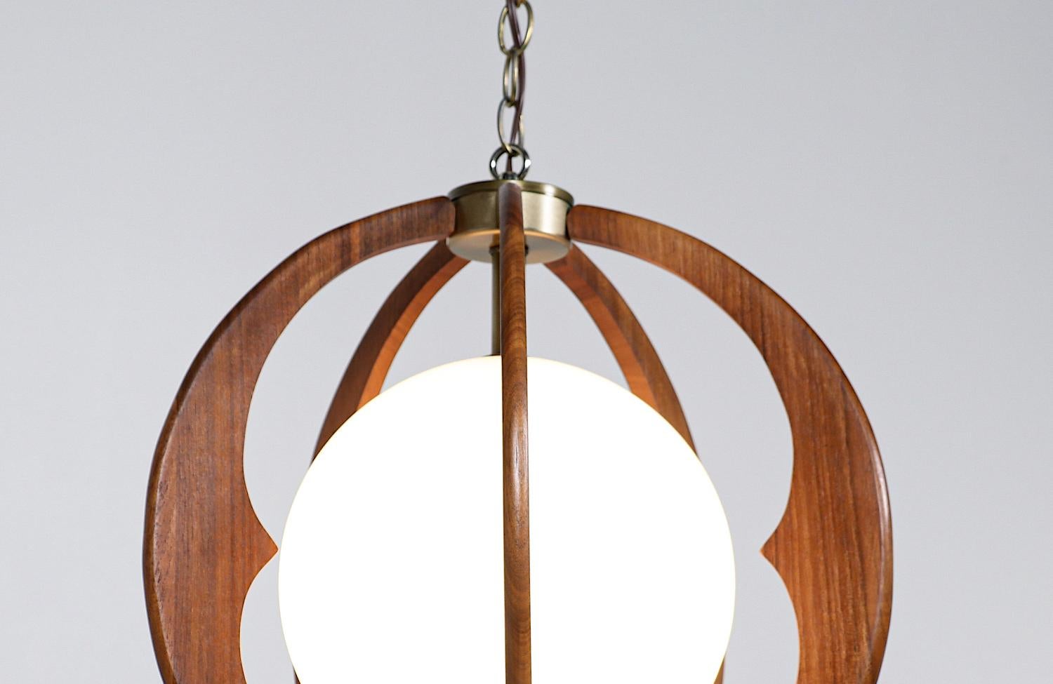 Brass Mid-Century Modern Sculpted Walnut & Glass Sphere Pendant Chandelier 