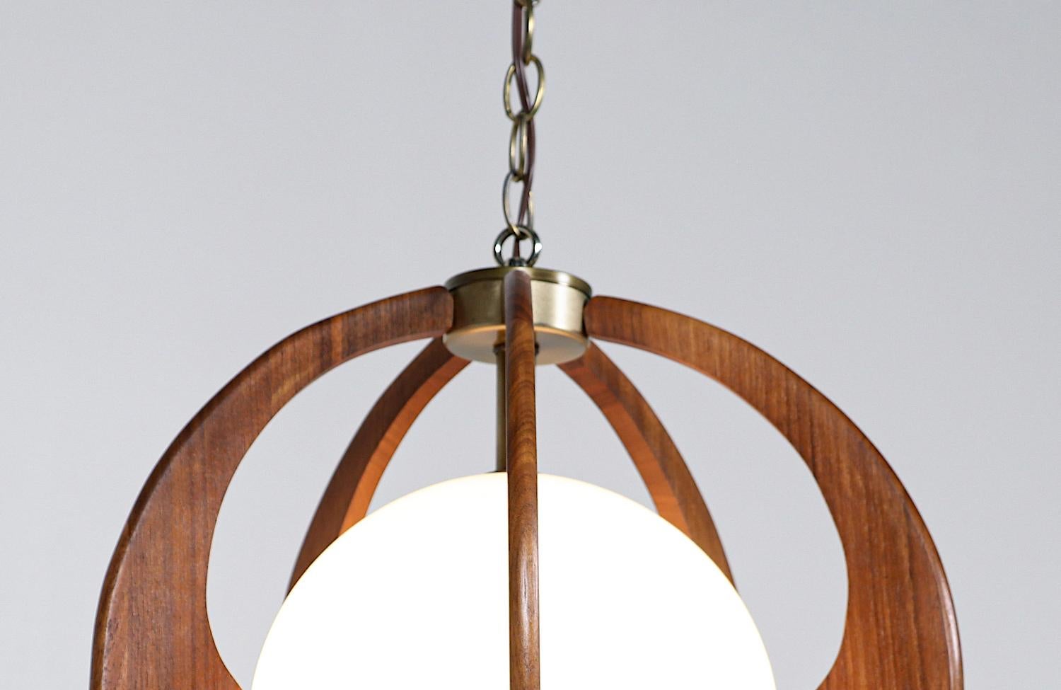 Mid-Century Modern Sculpted Walnut & Glass Sphere Pendant Chandelier  1