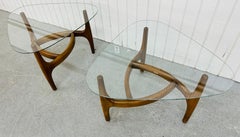 Mid-Century Modern Sculpted Walnut Glass Top Side Tables - Set of 2