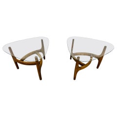 Mid-Century Modern Sculpted Walnut Glass Top Side Tables - Set of 2 Mid-Century Modern Sculpted Walnut Glass Top Side Tables - Set of 2