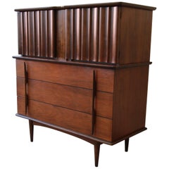 Mid-Century Modern Sculpted Walnut Highboy Dresser by United