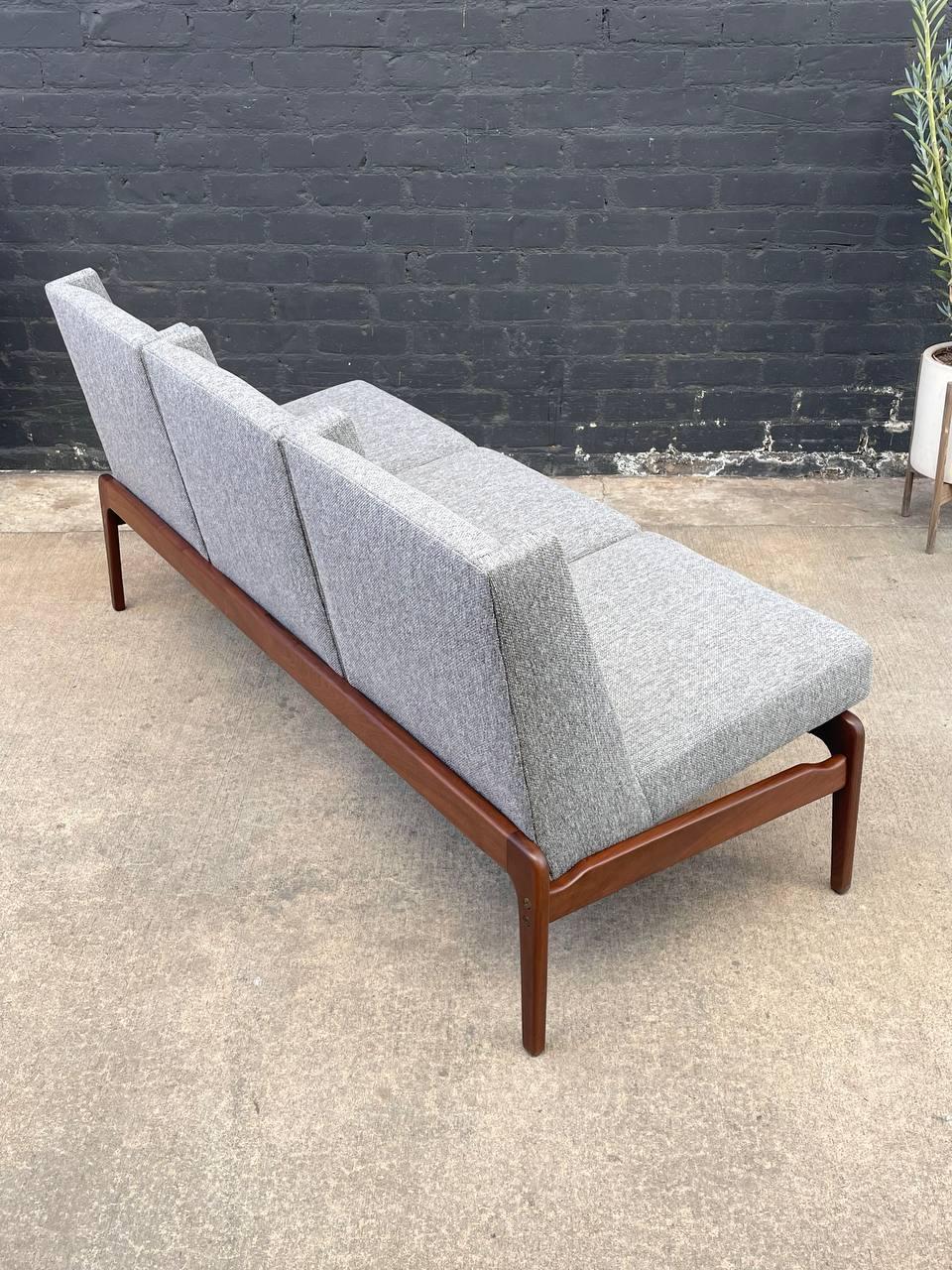 Mid-20th Century Mid-Century Modern Sculpted Walnut & New Tweed Fabric Sofa For Sale