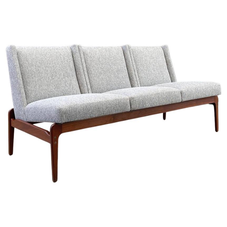 Mid-Century Modern Sculpted Walnut & New Tweed Fabric Sofa For Sale