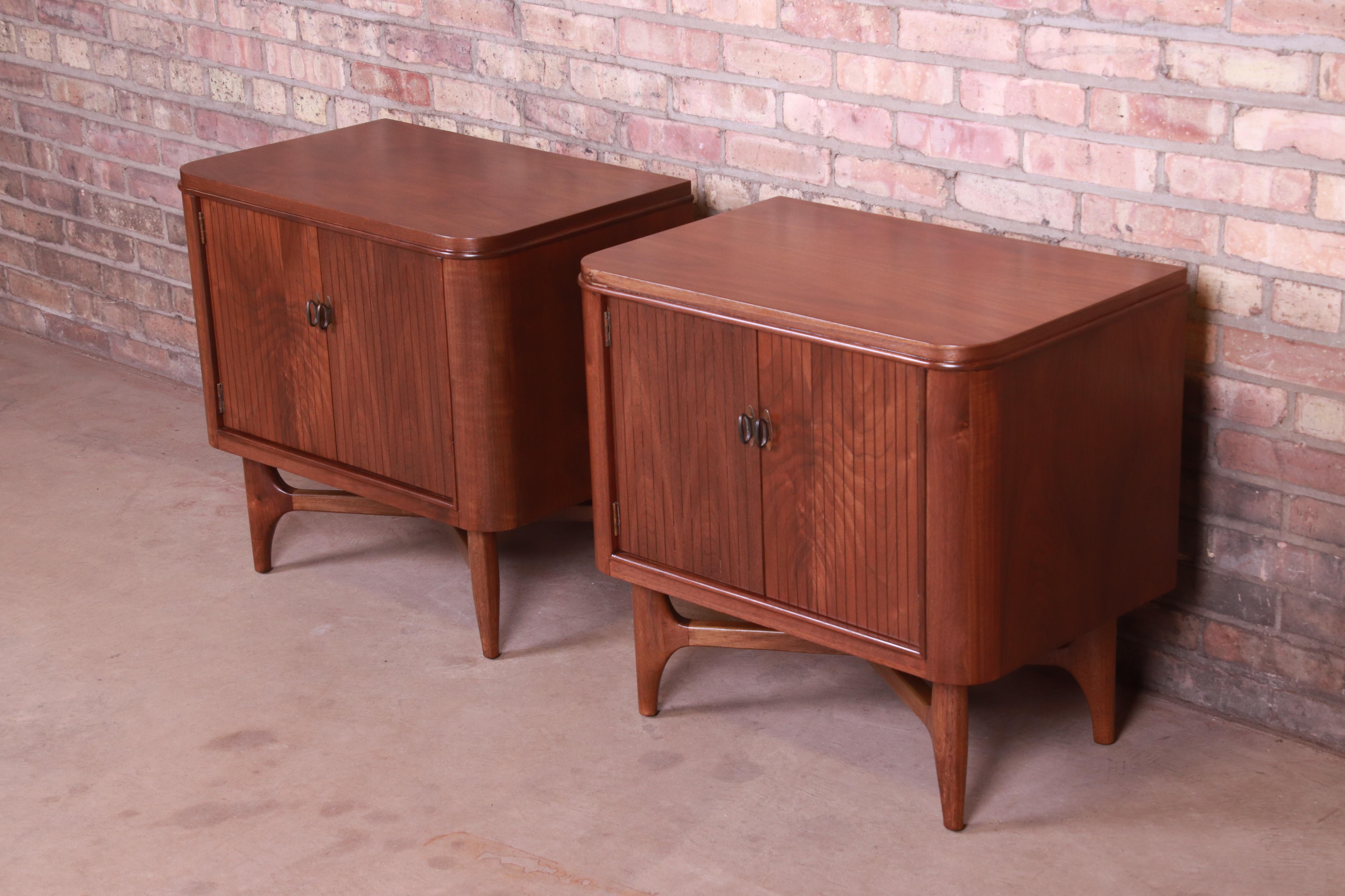 American Mid-Century Modern Sculpted Walnut Nightstands, Newly Refinished