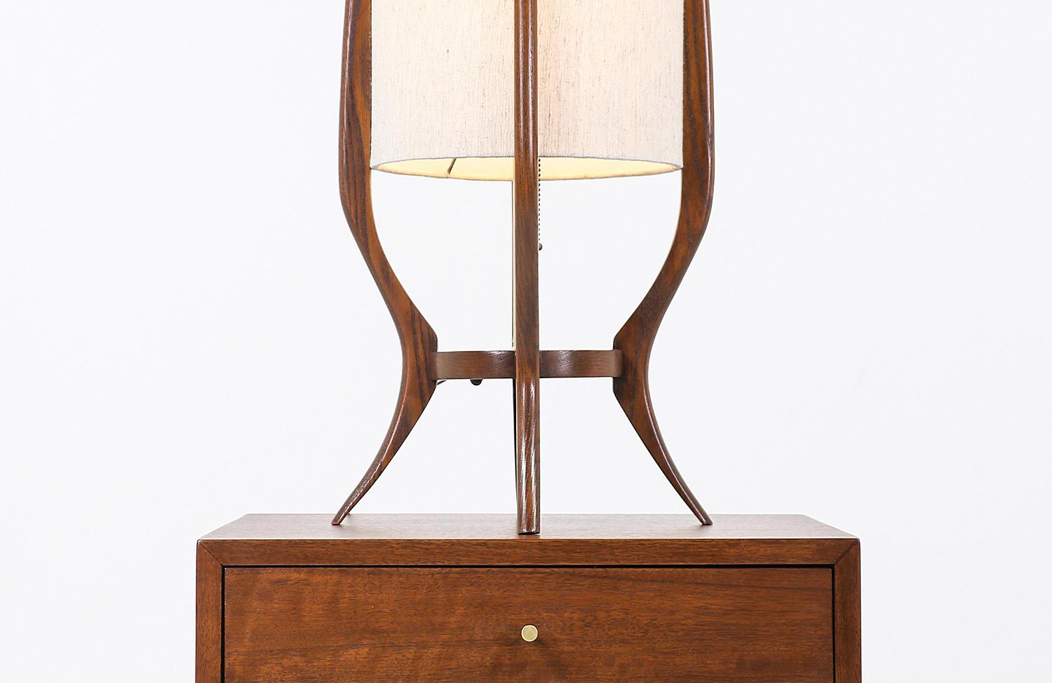Linen Mid-Century Modern Sculpted Walnut Table Lamp