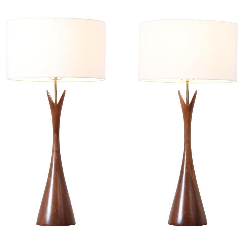 Expertly Restored - Mid-Century Modern Sculpted Walnut Table Lamps by Modernera For Sale