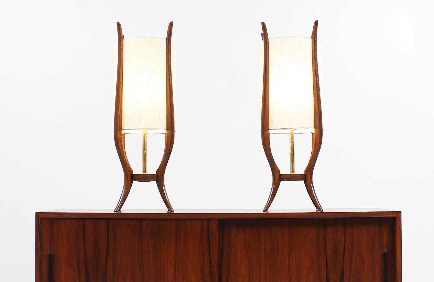 American Mid-Century Modern Sculpted Walnut Table Lamps