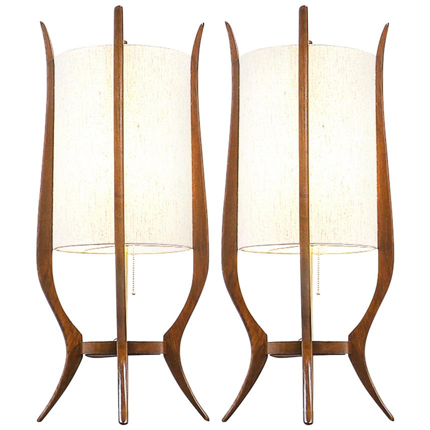 Mid-Century Modern Sculpted Walnut Table Lamps