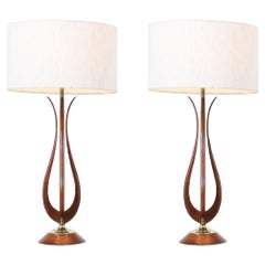 Mid-Century Modern Sculpted Walnut Table Lamps with Brass Accents