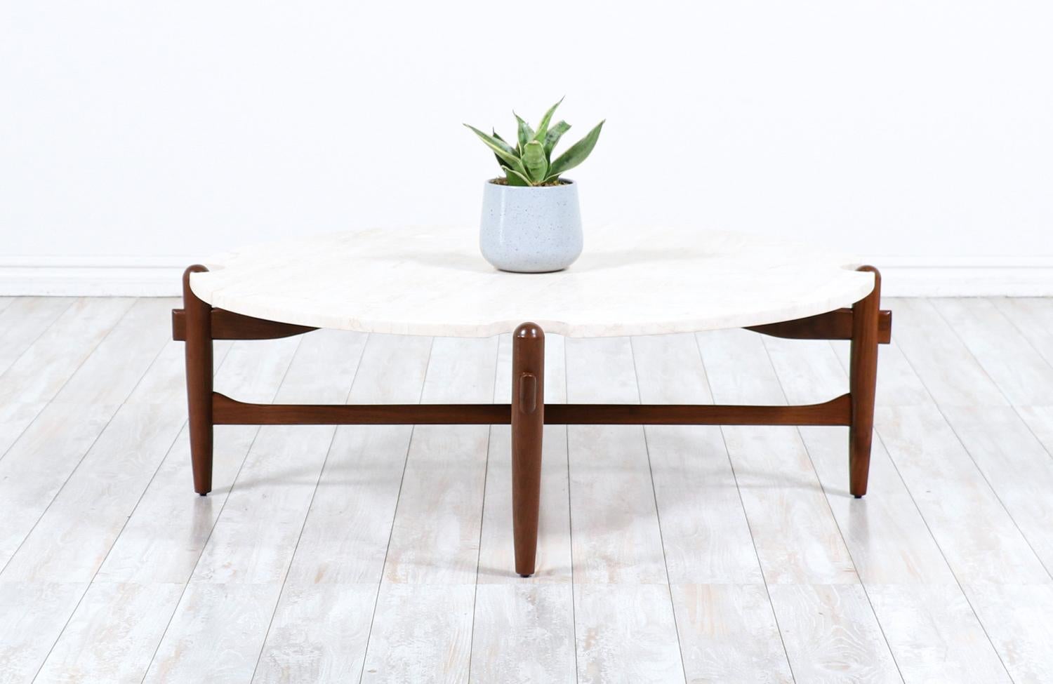 Mid-Century Modern Merton L. Gershun Sculpted Walnut & Travertine Stone Coffee Table for American 
