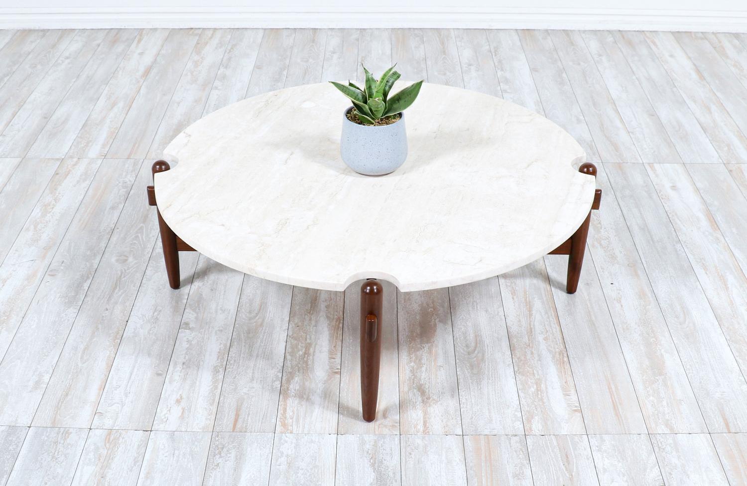 Mid-20th Century Merton L. Gershun Sculpted Walnut & Travertine Stone Coffee Table for American 
