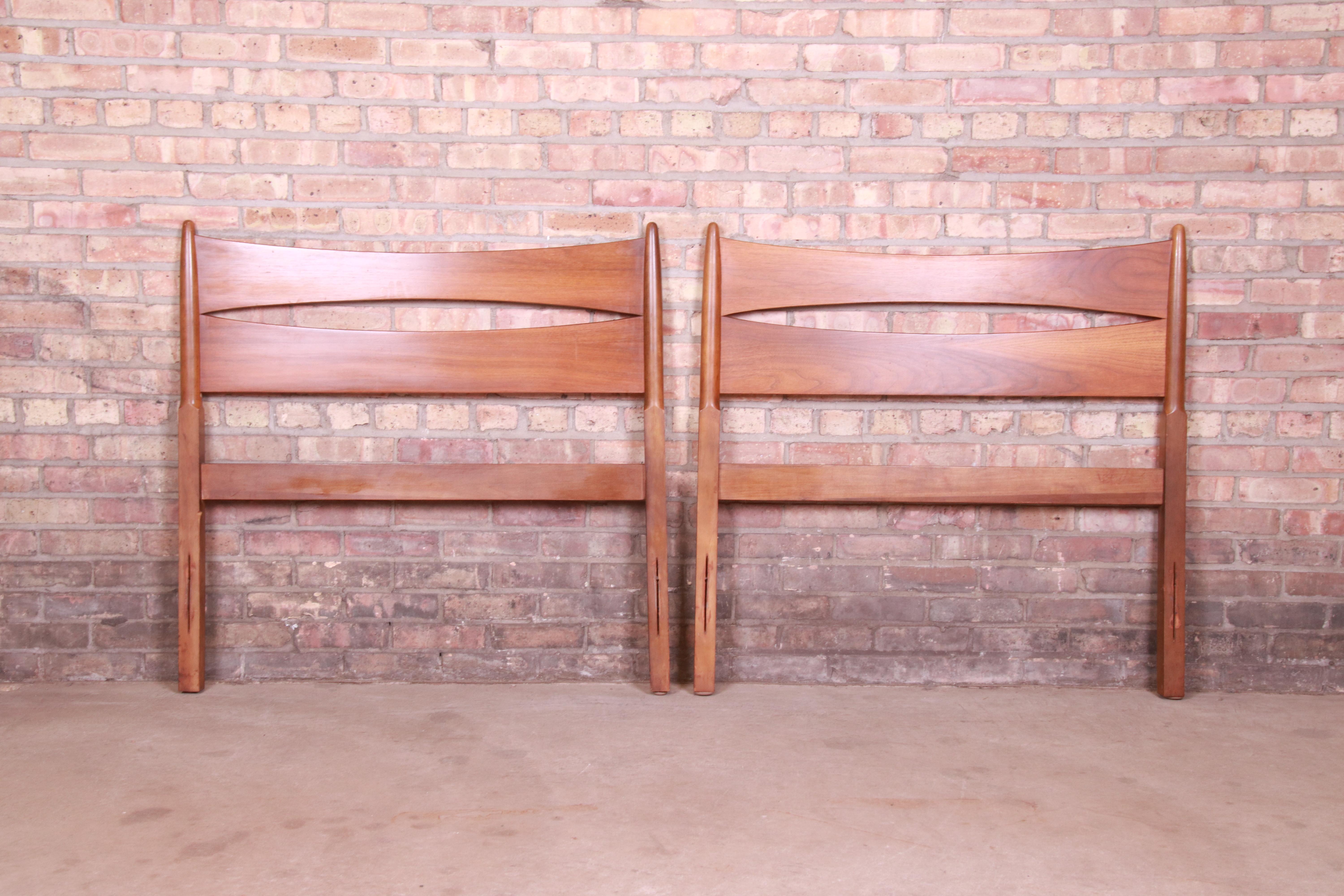 Mid-Century Modern Sculpted Walnut Twin Headboards Attributed to John Van Koert In Good Condition In South Bend, IN