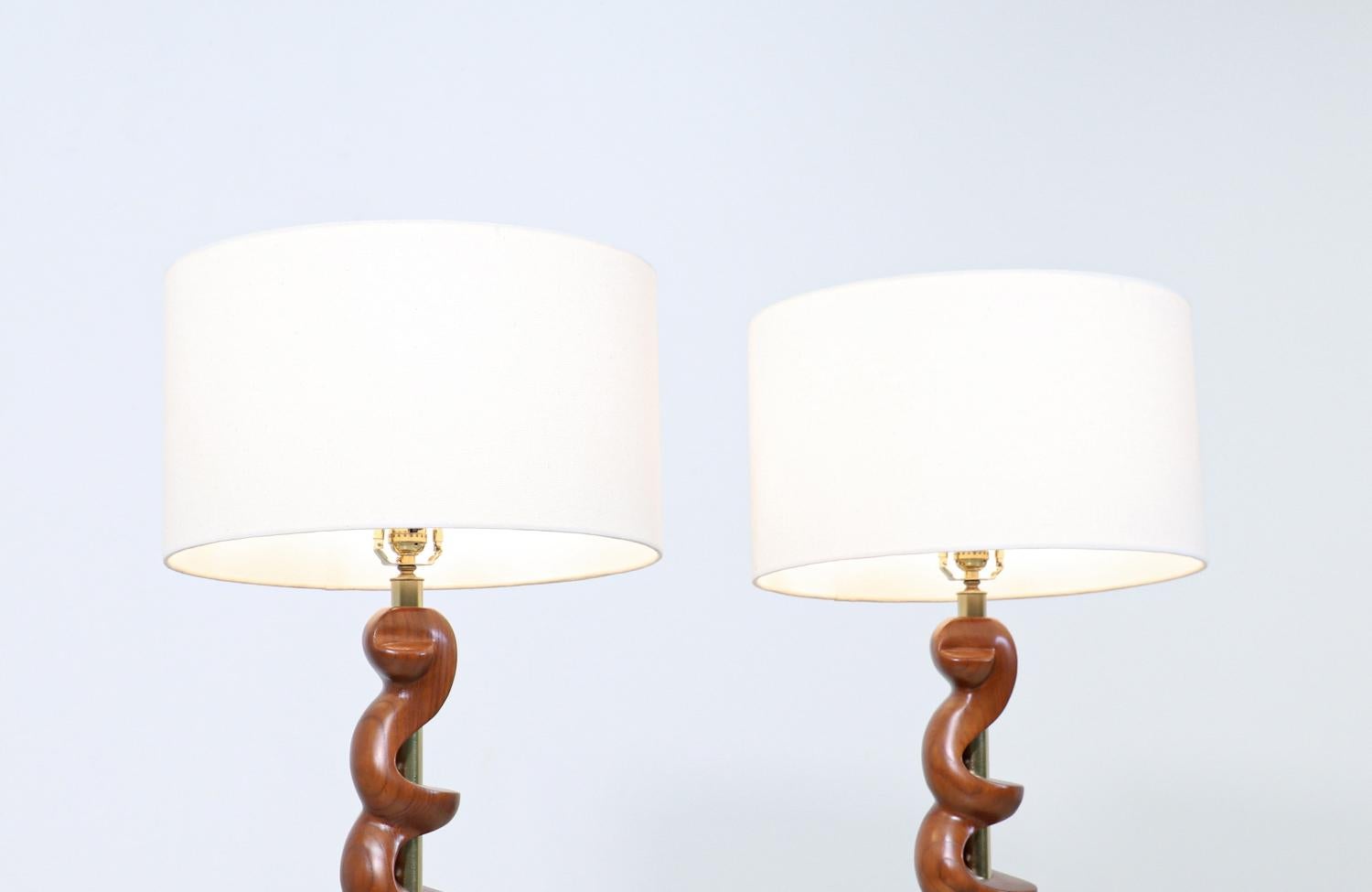 Brass Mid-Century Modern Spiral Wood Table Lamps by Light House Co. For Sale