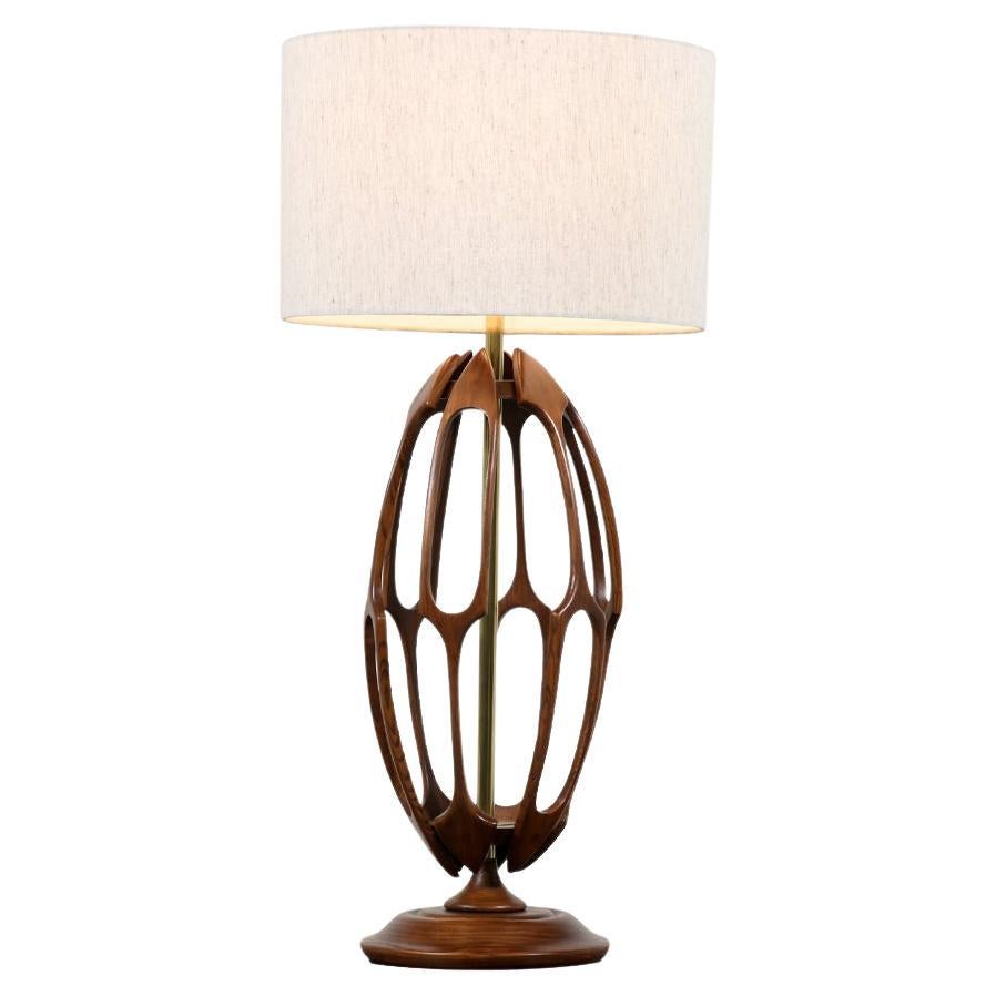 Mid-Century Modern Sculpted Walnut with Brass Accent Table Lamp For Sale