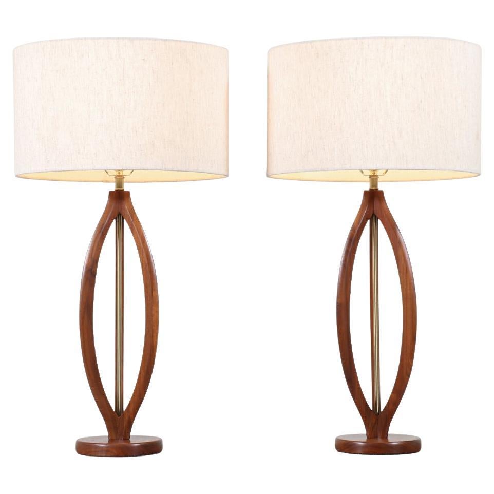 Mid-Century Modern Sculpted Walnut with Brass Accent Table Lamps