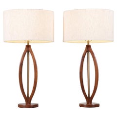 Mid-Century Modern Sculpted Walnut with Brass Accent Table Lamps