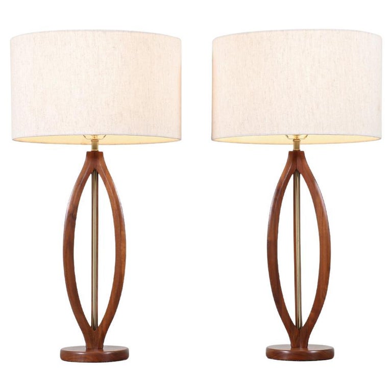 MidCentury Modern Sculpted Walnut with Brass Accent Table Lamps at 1stDibs