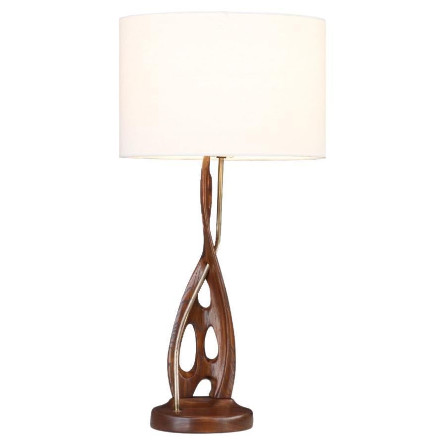 Mid-Century Modern Sculpted Wood & Brass Table Lamp by Lighthouse Co.