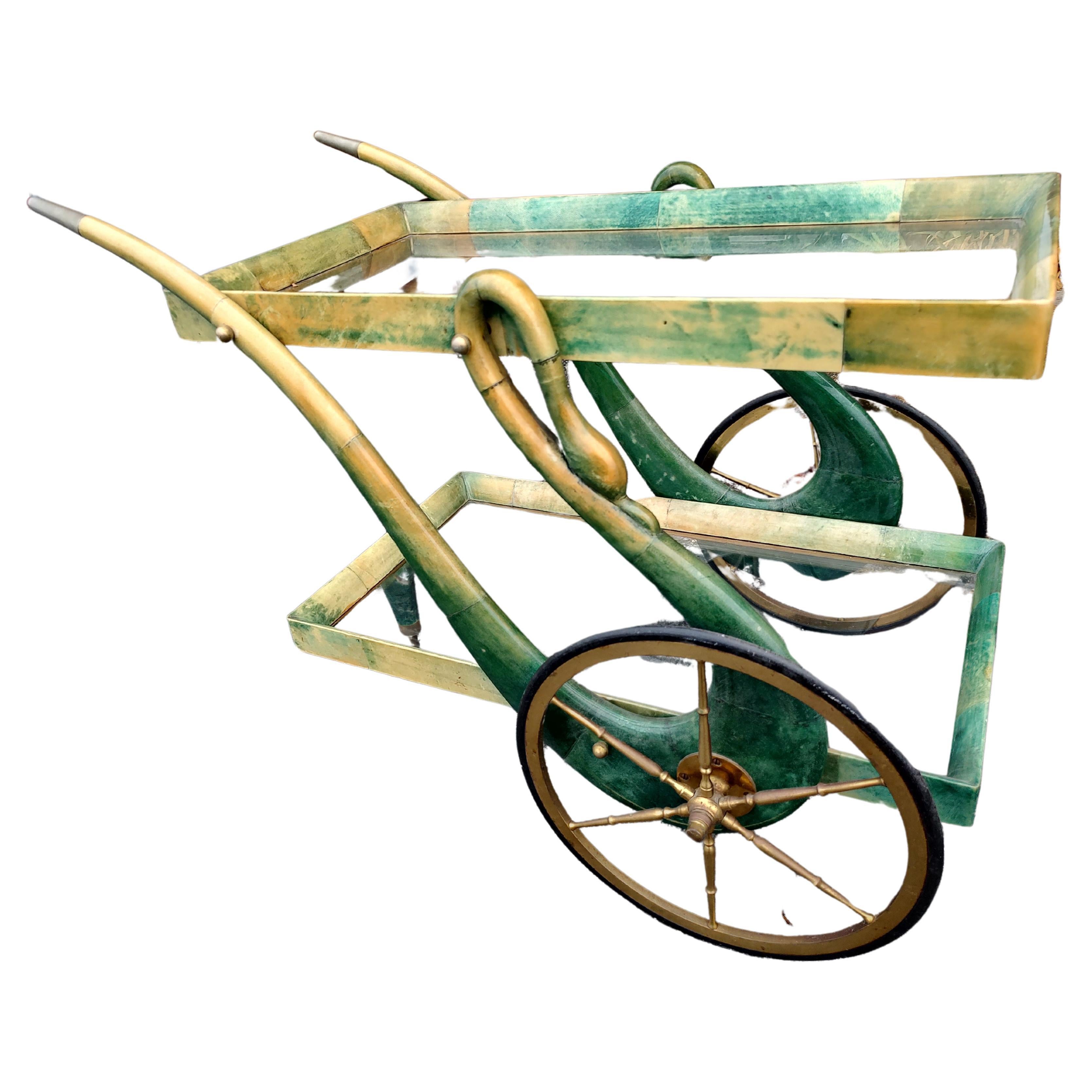 Brass Mid-Century Modern Sculptural Aldo Tura Goatskin Parchment Swan Bar Cat For Sale