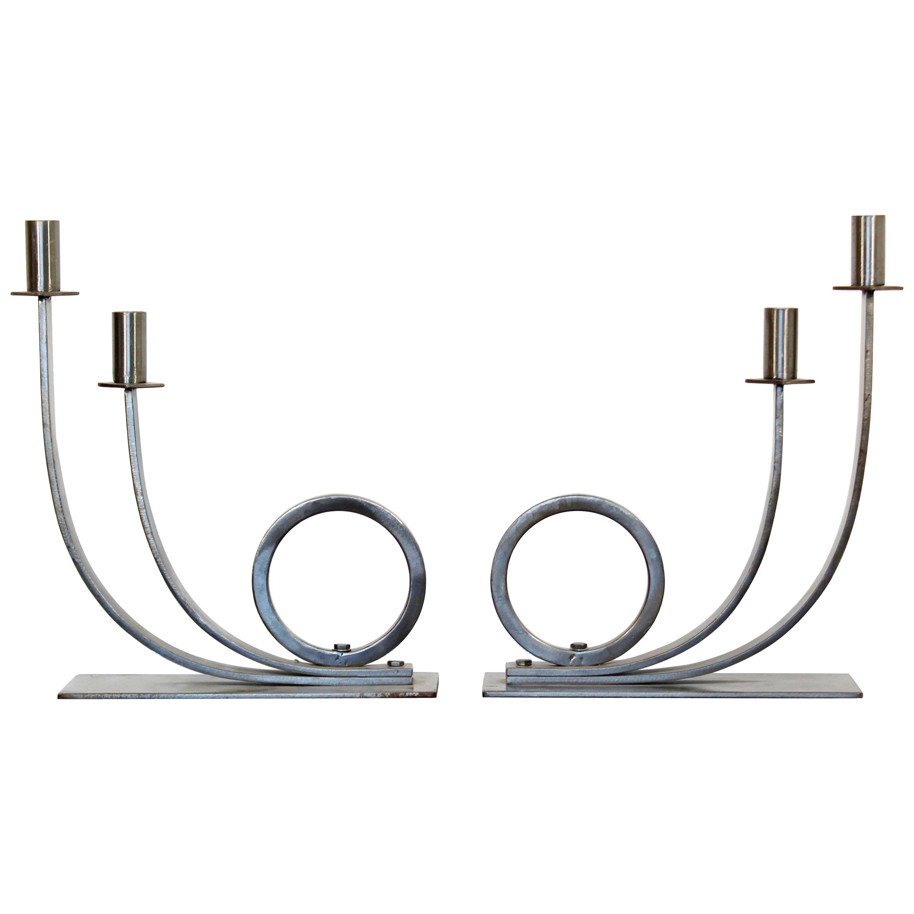 Mid-Century Modern Sculptural Aluminum Candleholders Studio Artist Haghiri, Pair