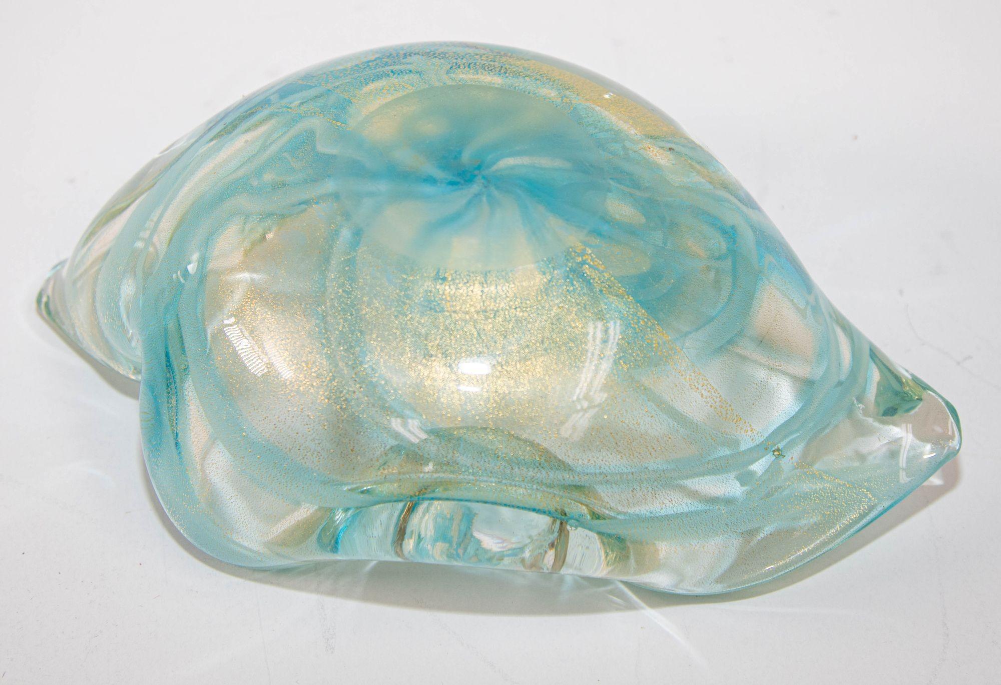 Mid-Century Modern Sculptural Aqua Blue & Gold Hand blown Murano Glass Bowl For Sale 3