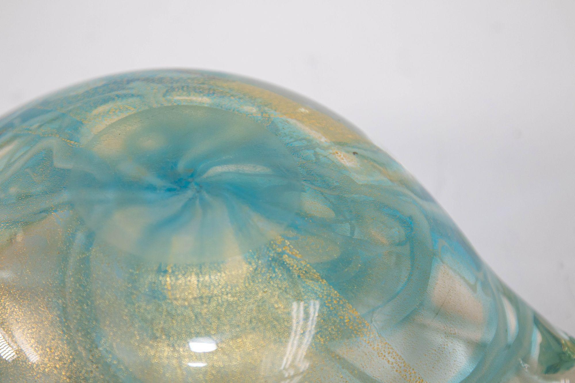 Mid-Century Modern Sculptural Aqua Blue & Gold Hand blown Murano Glass Bowl For Sale 4