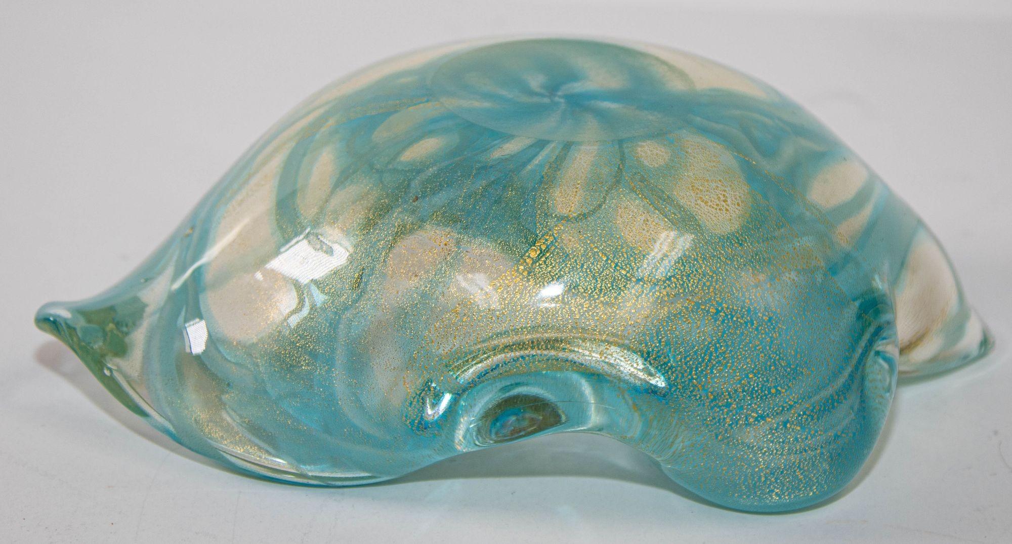 Mid-Century Modern Sculptural Aqua Blue & Gold Hand blown Murano Glass Bowl For Sale 5