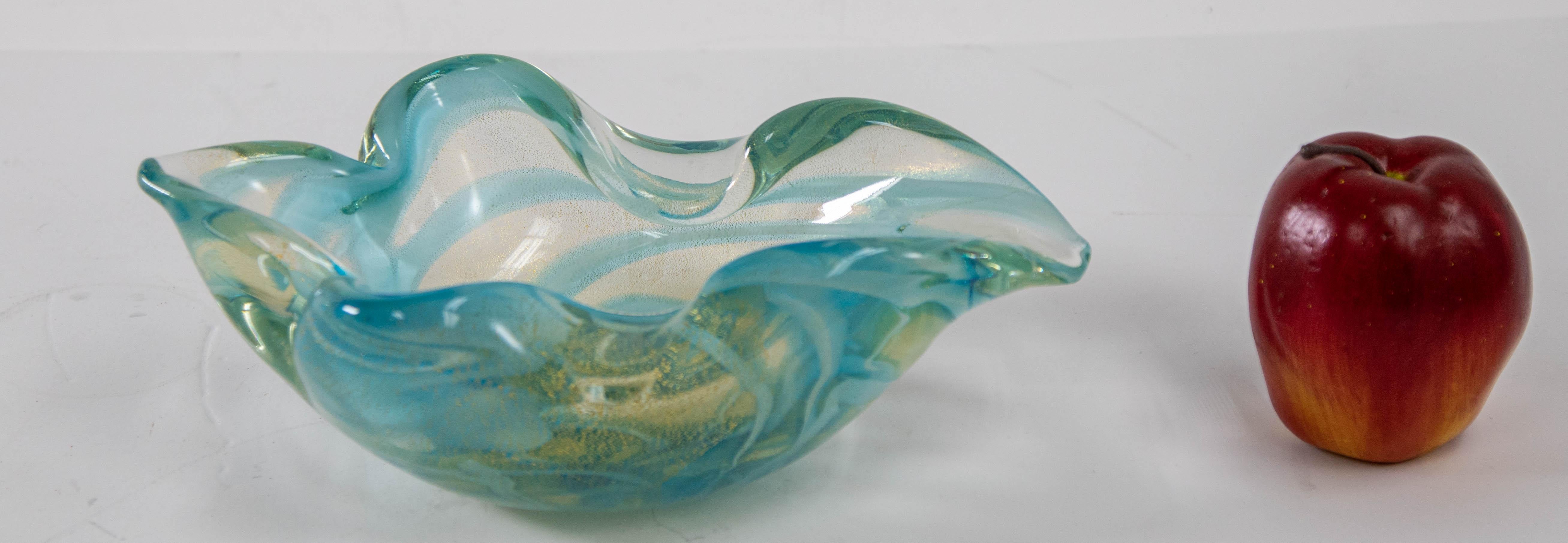 Mid-Century Modern Sculptural Aqua Blue & Gold Hand blown Murano Glass Bowl For Sale 6