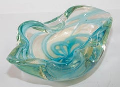 Mid-Century Modern Sculptural Aqua Blue & Gold Hand blown Murano Glass Bowl