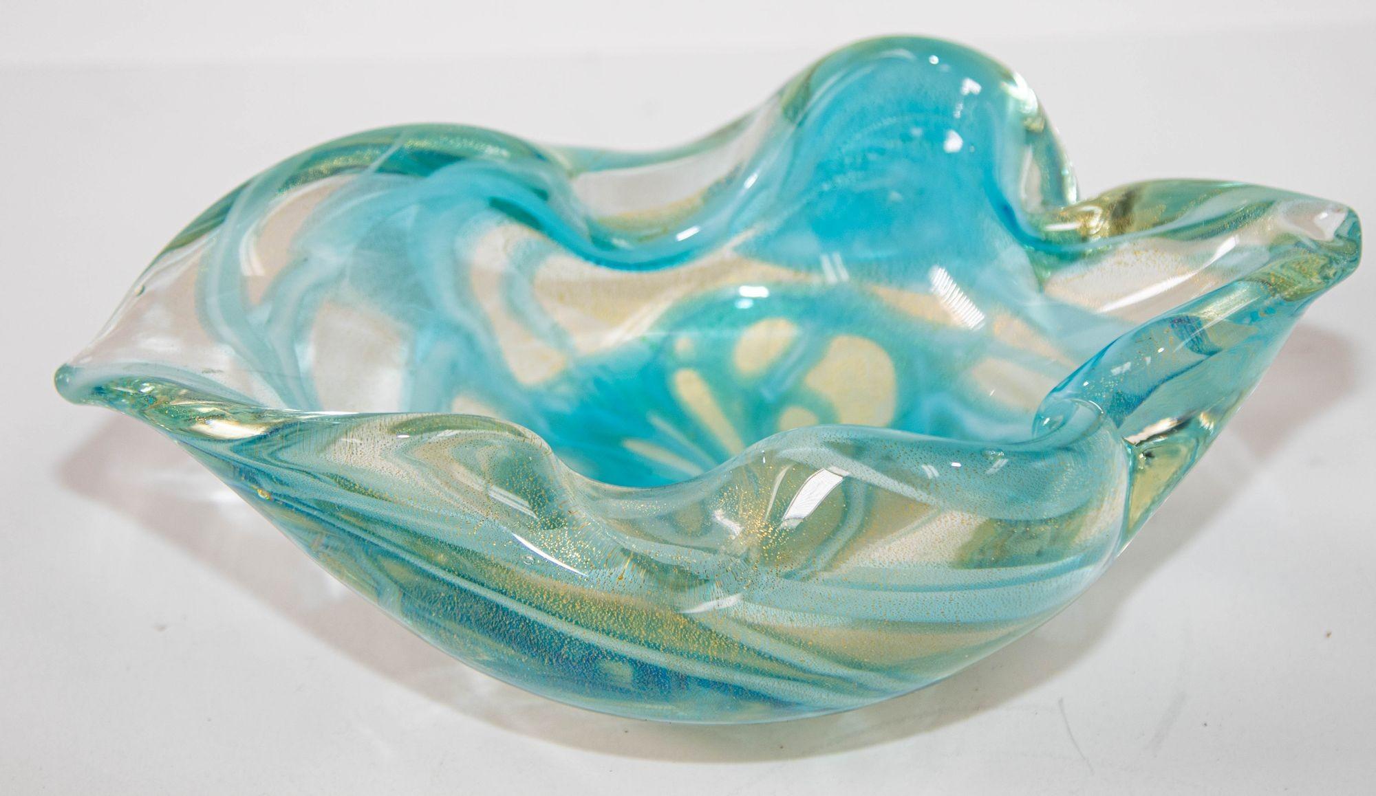 Italian Mid-Century Modern Sculptural Aqua Blue & Gold Hand blown Murano Glass Bowl For Sale