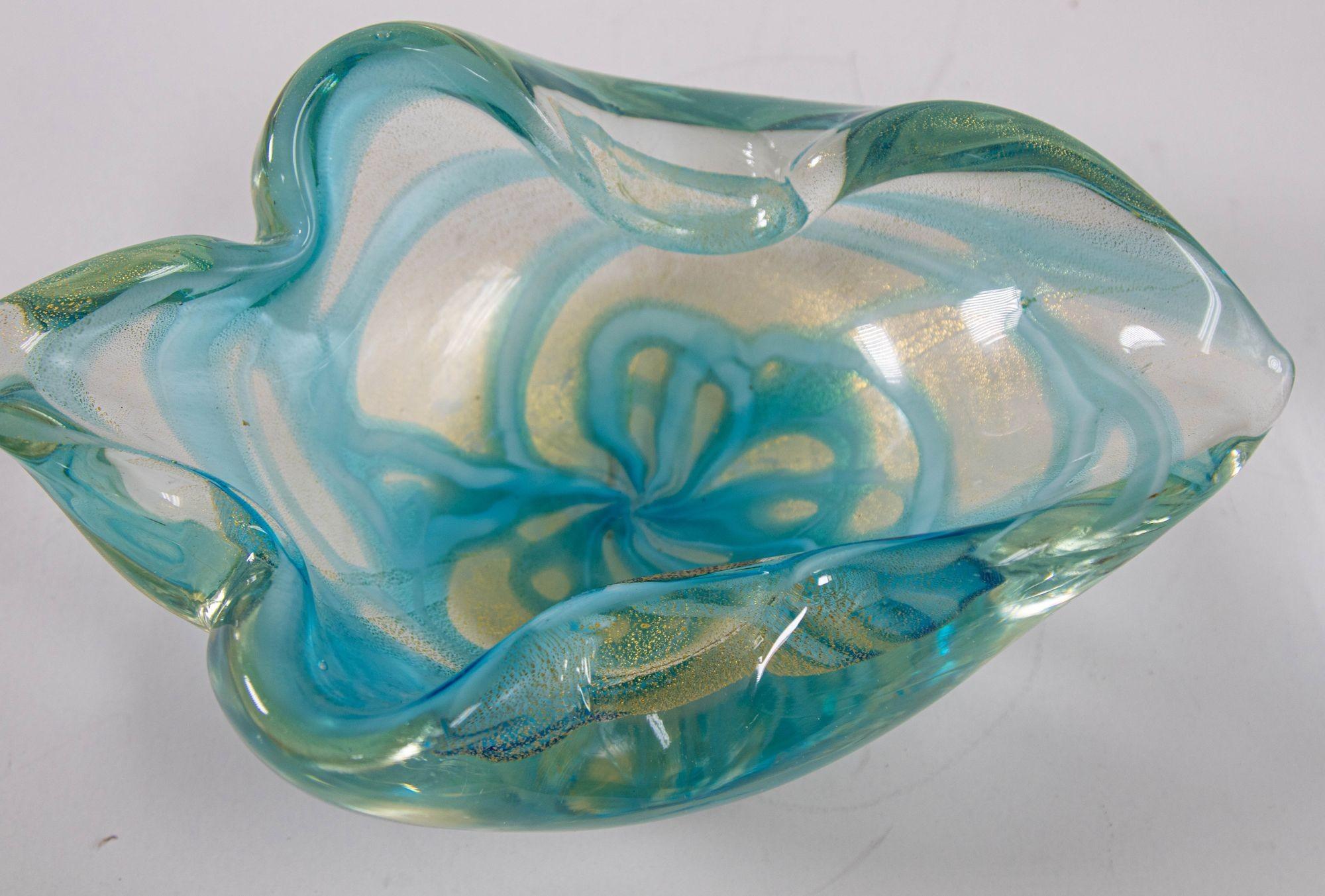 Hand-Crafted Mid-Century Modern Sculptural Aqua Blue & Gold Hand blown Murano Glass Bowl For Sale