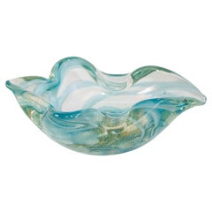 Mid-Century Modern Sculptural Aqua Blue & Gold Hand blown Murano Glass Bowl