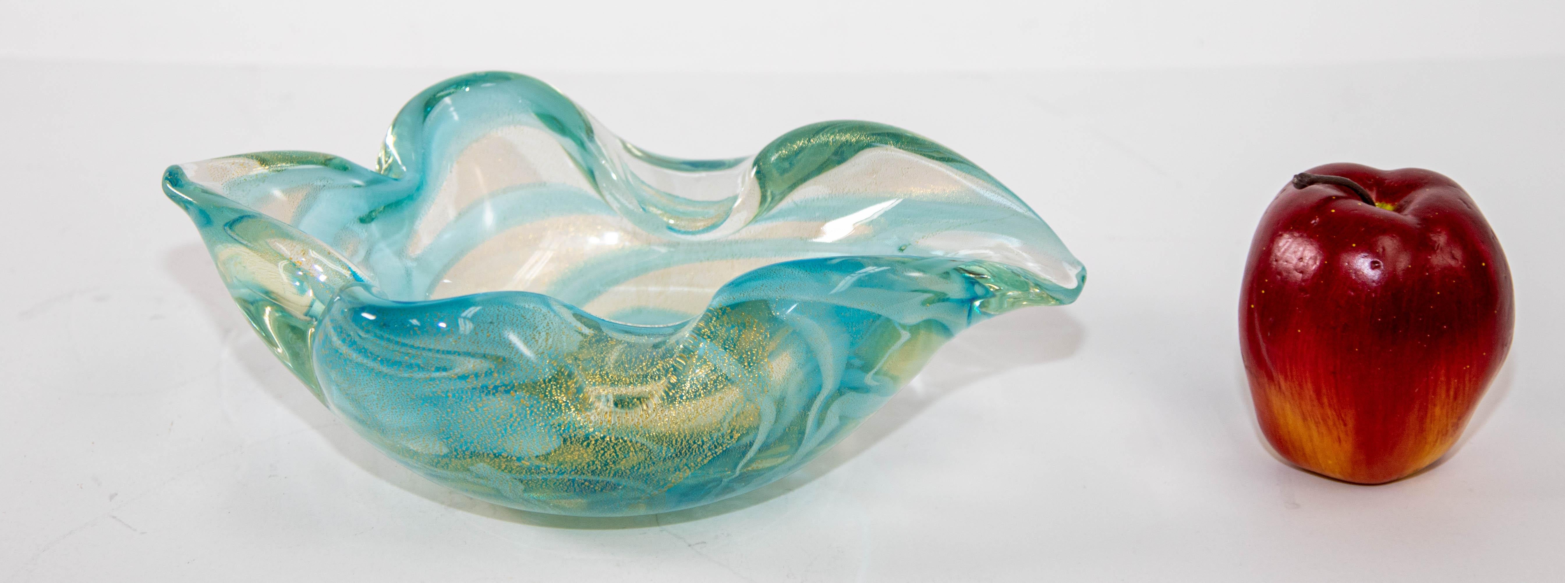 20th Century Mid-Century Modern Sculptural Aqua Blue & Gold Hand blown Murano Glass Bowl For Sale