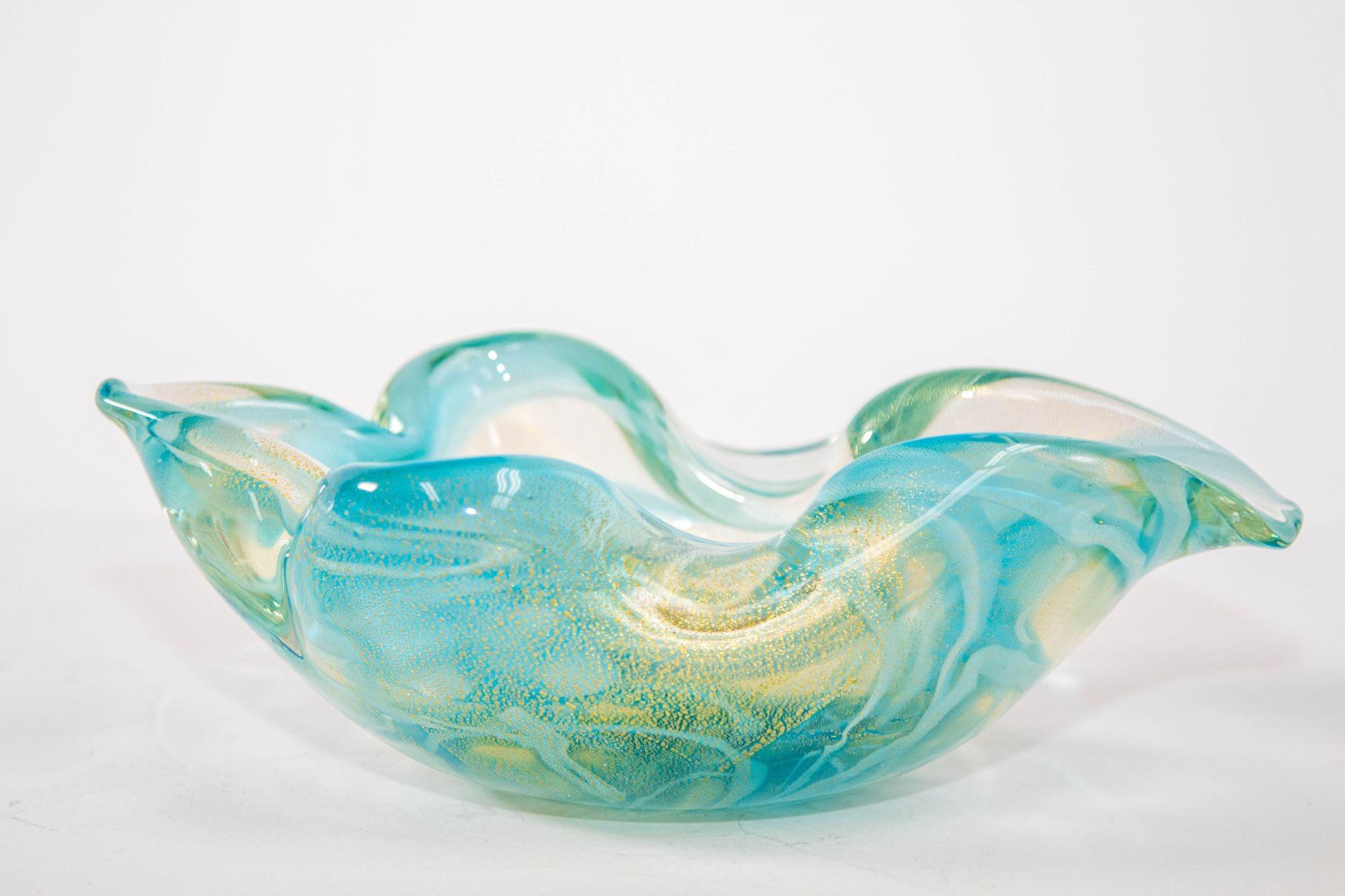 Art Glass Mid-Century Modern Sculptural Aqua Blue & Gold Hand blown Murano Glass Bowl For Sale