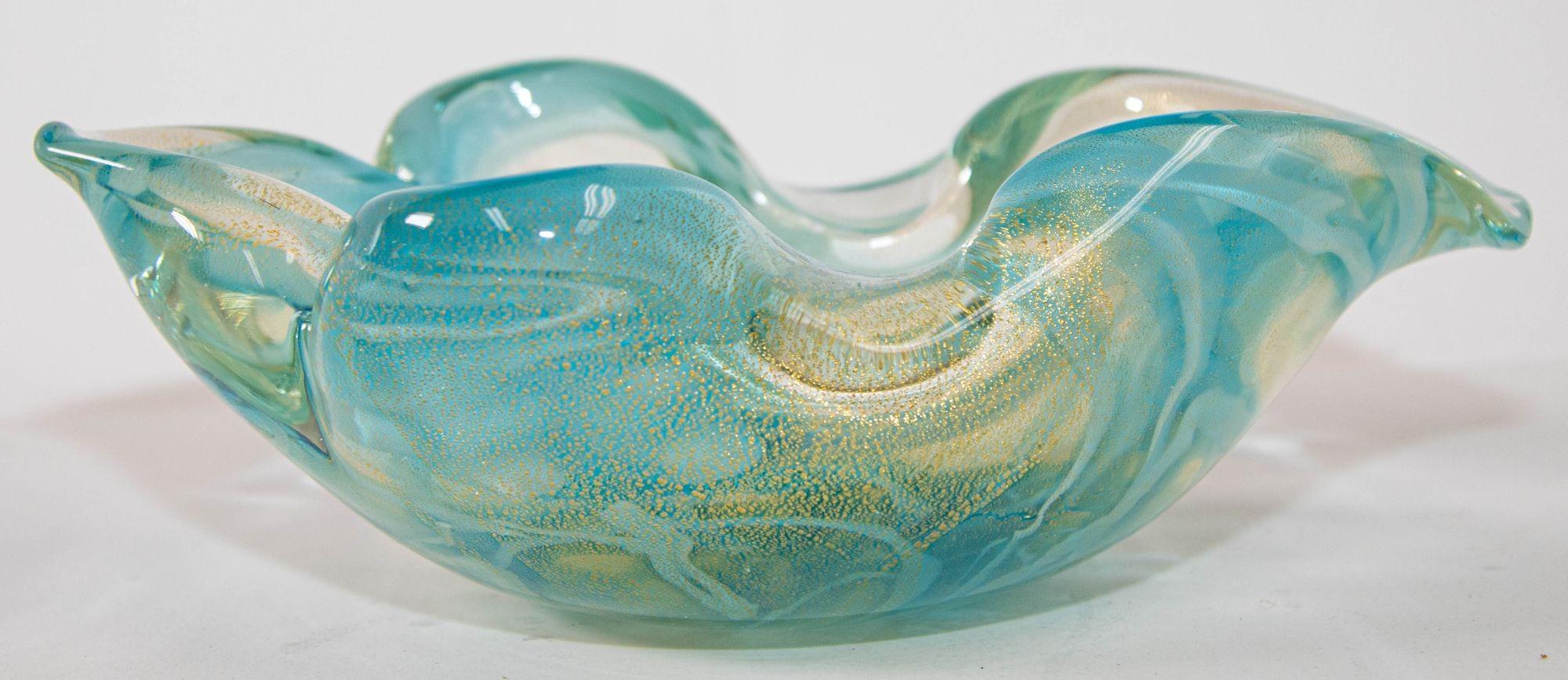 Mid-Century Modern Sculptural Aqua Blue & Gold Hand blown Murano Glass Bowl For Sale 1