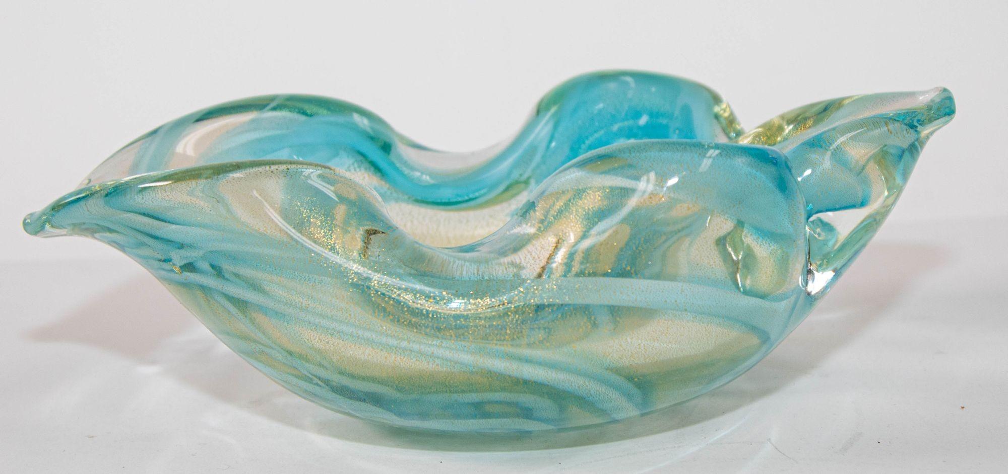 Mid-Century Modern Sculptural Aqua Blue & Gold Hand blown Murano Glass Bowl For Sale 2